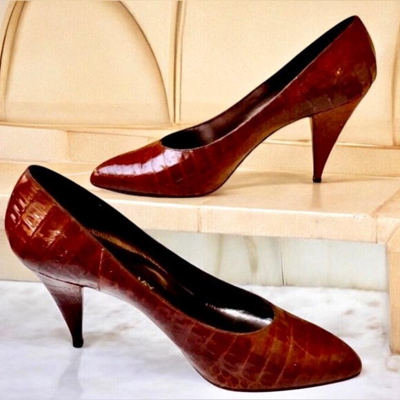 Mr. Jay Vintage 80's Italian Brown Croc Print Leather Pump Pointed Toe - Picture 1 of 16